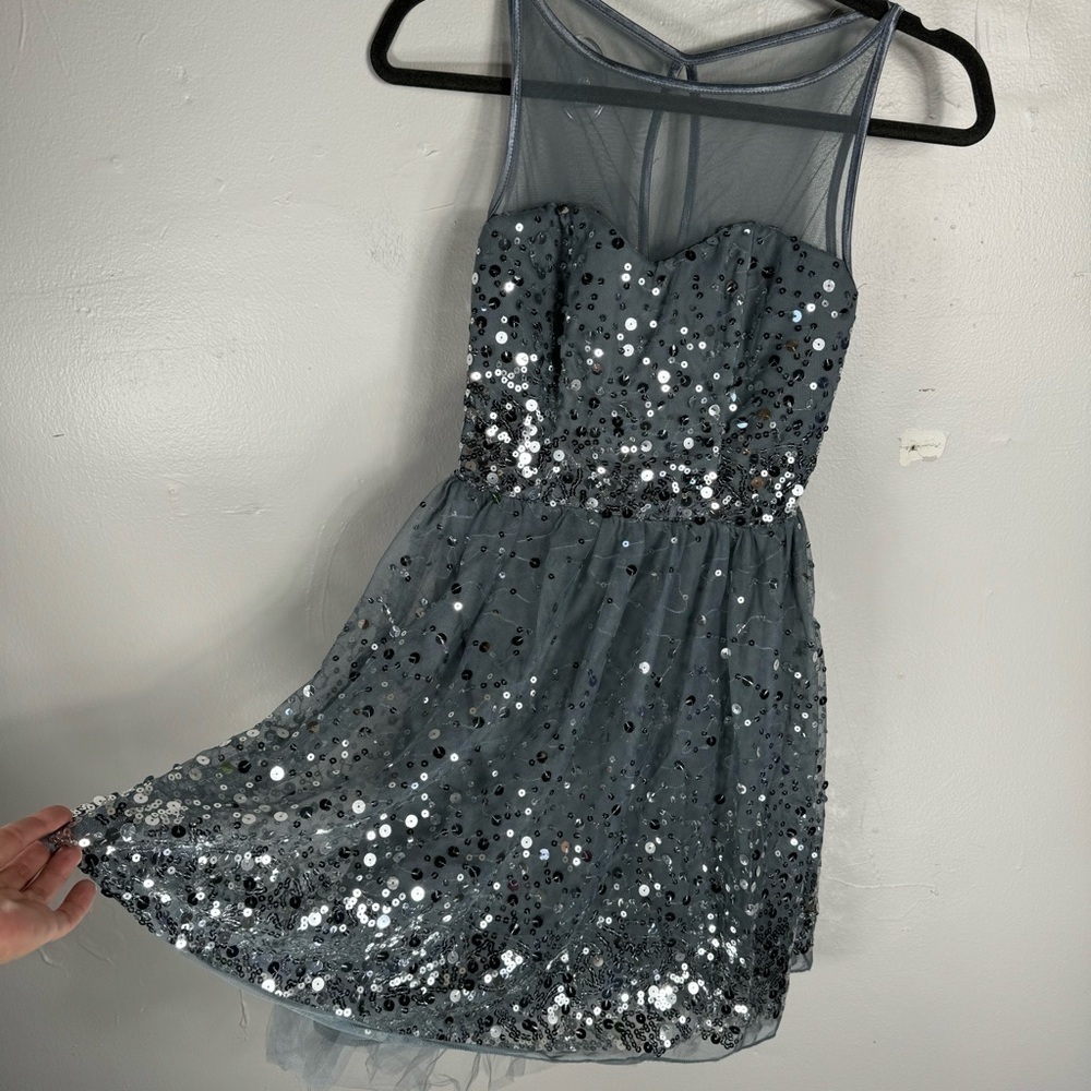 DELIA*s y2k sequin mini party dress gray silver sleeveless mesh prom 1/2 retro